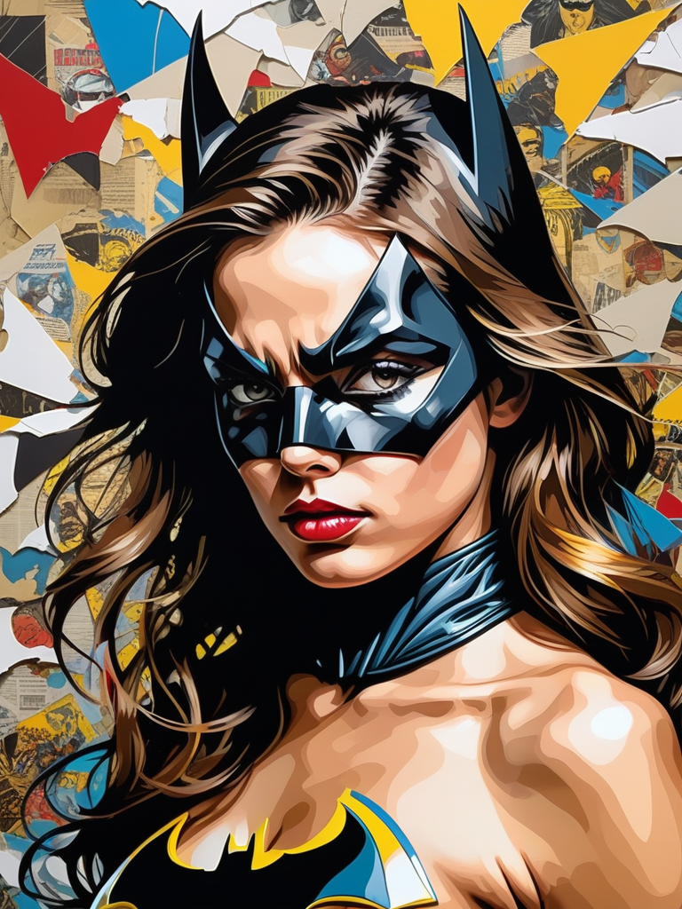 <lora:11VisualArt_Hap_XL:1.5>,Sandra Chevrier style,collage,torn paper effect ,pop art, comic book, Batman, Robin, superhero,  (masterpiece, top quality, best quality, official art, beautiful and aesthetic:1.2), (1girl), extreme detailed,(fractal art:1.3),colorful,highest detailed