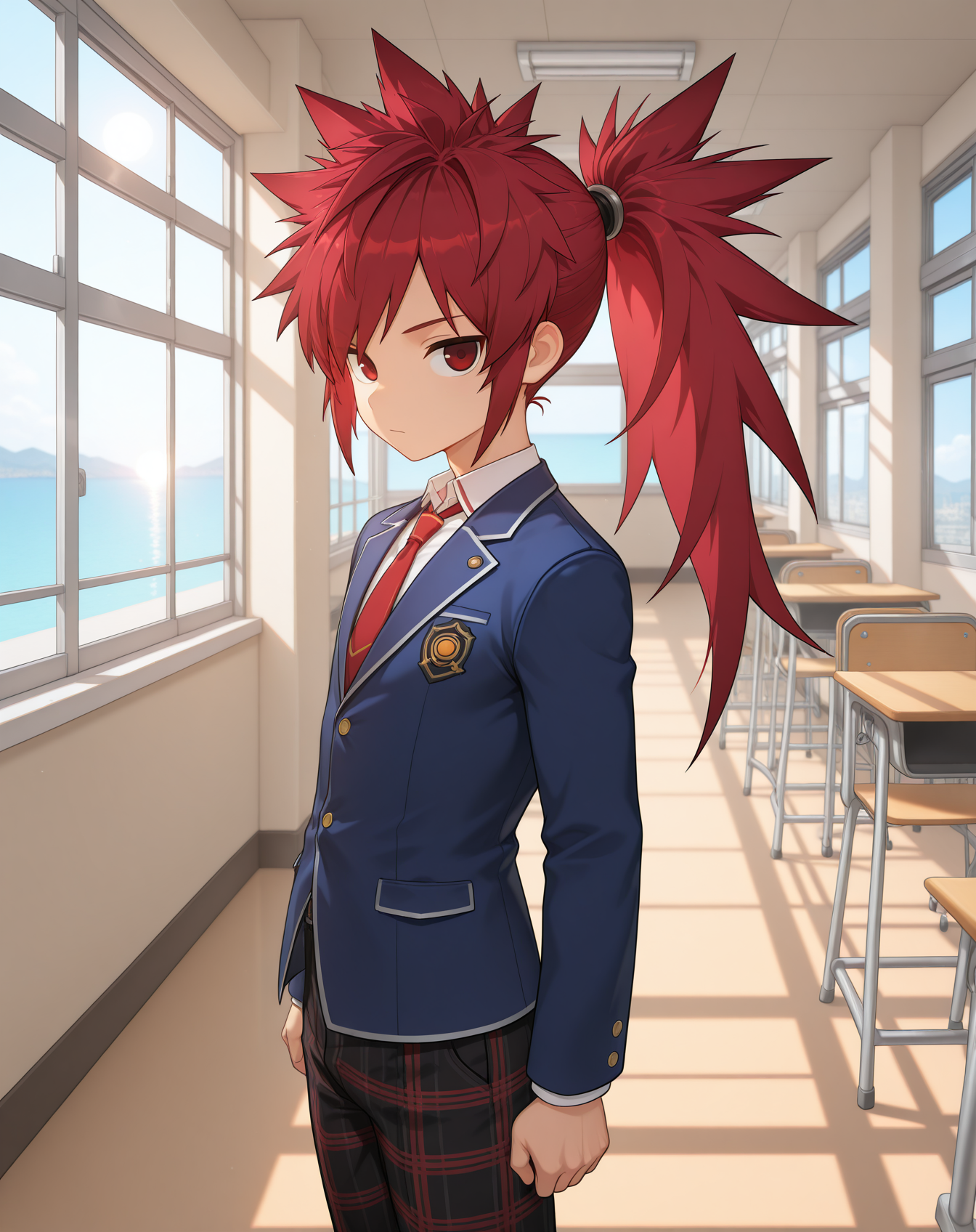 masterpiece,best quality,amazing quality, newest, very aesthetic, absurdres,
1boy, solo, yaoi, male focus, looking at viewer, cowboy shot,
 <lora:Elsword_Sheath_Knight_ilxl:1> elswordsk, red hair, red eyes, spiked hair, long hair, ponytail,
school uniform, white shirt, collared shirt, blue jacket, red necktie, black pants, plaid pants,
indoors, school, hallway, window, day, sun,