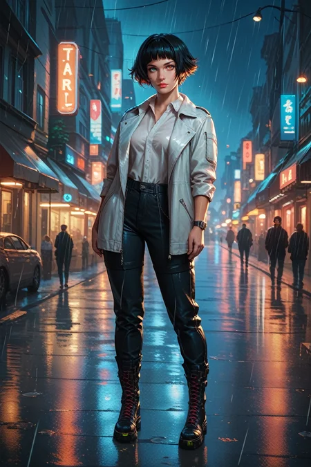 score_9, score_8_up, score_7_up, score_6_up
<lora:DMC5Lady:1.0>
DMC5Lady, 1girl, black hair, short hair, heterochromia, green eyes, red eyes, looking at viewer, standing in the rain on a neon-lit city street at night, full body