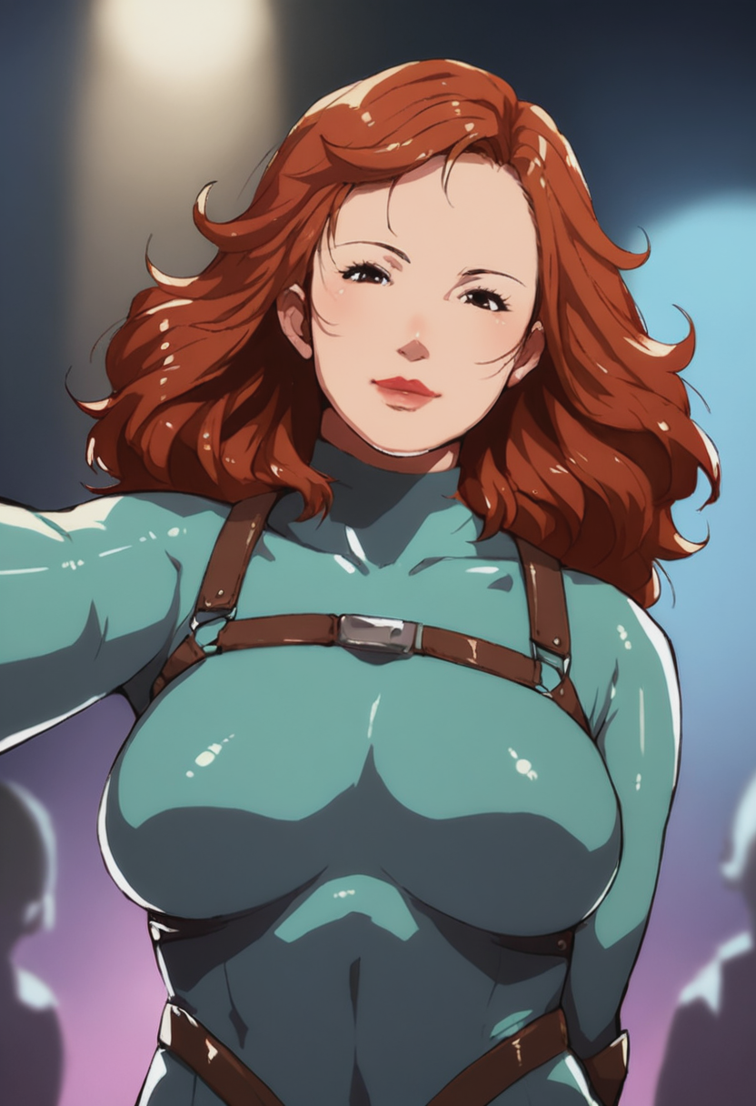 score_9, score_8_up, score_7_up, 1girl, large_breasts, mature_female, portrait, solo, looking_at_viewer, open_eyes, Dancing like a zombie, pov, (Ochre Bodysuit), spiked hair, layered hair, Auburn hair, guard tower, upper_body, rating_safe, <lora:pony\artist_styles\ganto_pony:1.0>