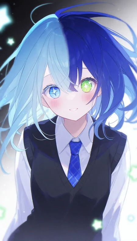 1girl, blue hair, solo, shirt, collared shirt, white shirt, blue necktie, star \(symbol\), blue eyes, medium hair, necktie, symbol-shaped pupils, long sleeves, looking at viewer, upper body, star-shaped pupils, parted lips, sweater vest, split theme, green eyes, blush, mismatched pupils, black sweater vest, school uniform, heterochromia, symbol in eye, smile, floating hair, hair between eyes,
masterpiece,best quality,newest,absurdres,highres,very awa,<lora:sei3_noob1.1-000200:0.8>,