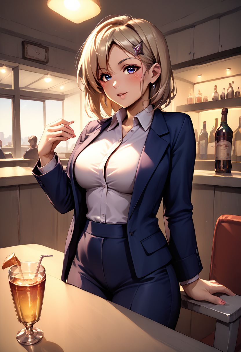 score_9,  score_8_up, score_7_up , rana,n hairclip, office lady,
1girl, light blush, drinking glass, bar, dim lighting