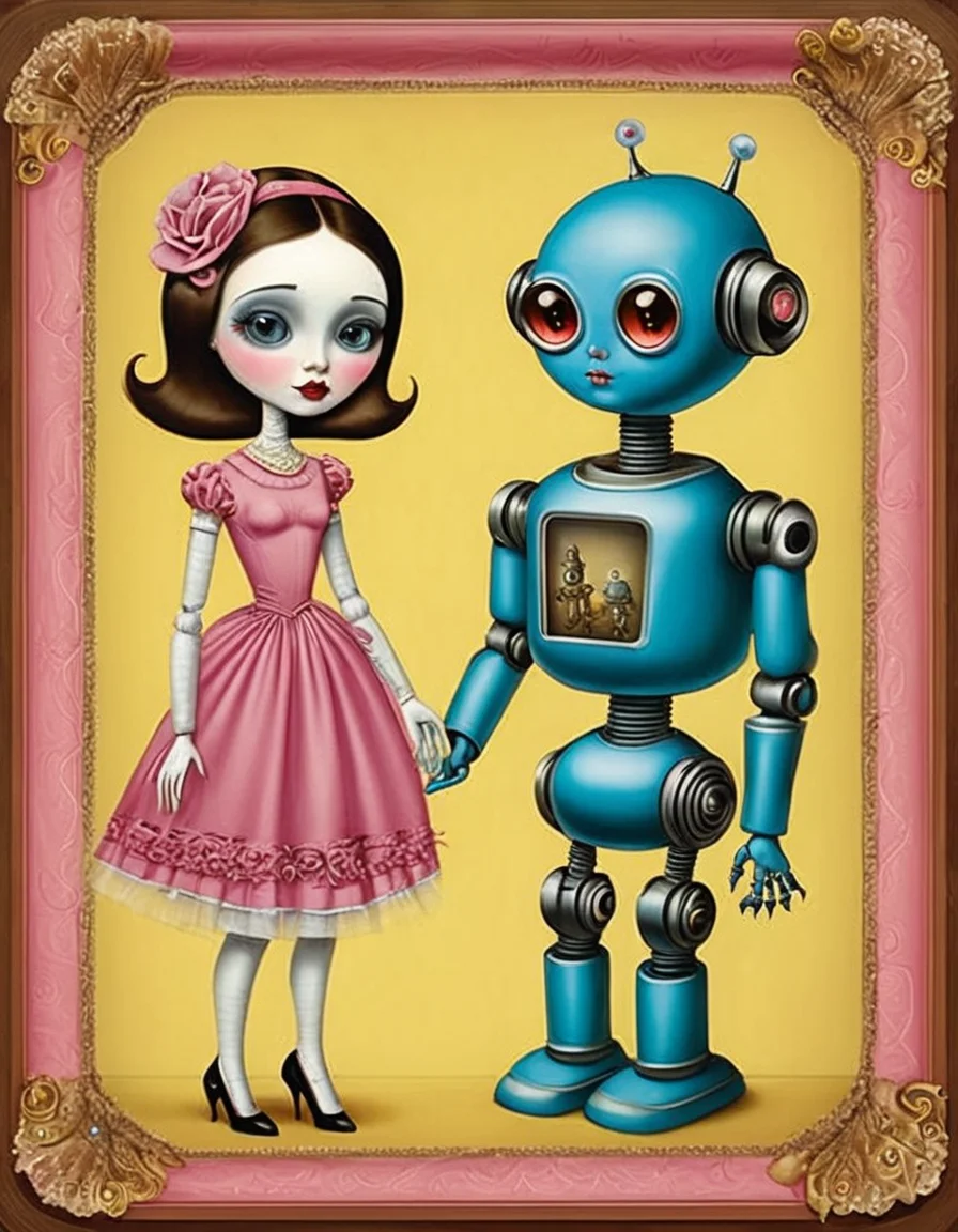 Surrealist art <lora:CivitAI_64_ALL:0.7> [X] Pop Art style  CivitAI Fusion Style,a girl and a robot standing next to each other, beeple and jeremiah ketner, love death robot, cute humanoid robot, robot girl, mark ryden style, little girl meets robot, adorable friendly robot, cute robot, woman and robot, by Jason Teraoka, mark ryden highly detailed, perfect android girl family, style of mark ryden . Bright colors, bold outlines, popular culture themes, ironic or kitsch . Dreamlike, mysterious, provocative, symbolic, intricate, detailed