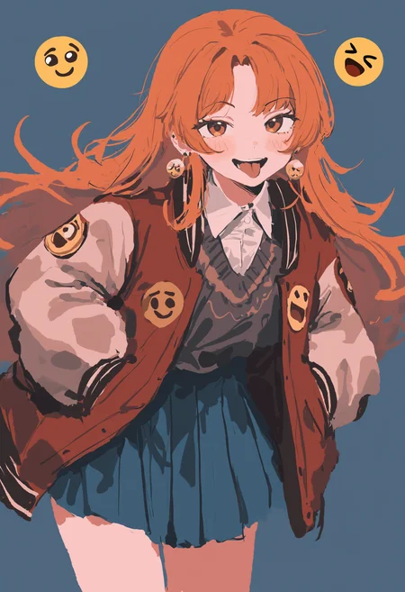 masterpiece, best quality, newest, absurdres, highres, very awa, no lineart, sketch, 1girl, letterman jacket, orange hair, jacket, long hair, skirt, smile, looking at viewer, pleated skirt, hands in pockets, solo, jewelry, shirt, orange eyes, emoji, open mouth, blush, earrings, white shirt, blue background, red jacket, >_<, long sleeves, collared shirt, tongue, open jacket, open clothes, star \(symbol\), sweater, cowboy shot, smiley face, simple background, sweater vest, :d, leaning forward, blue skirt, tongue out, brown eyes, profile