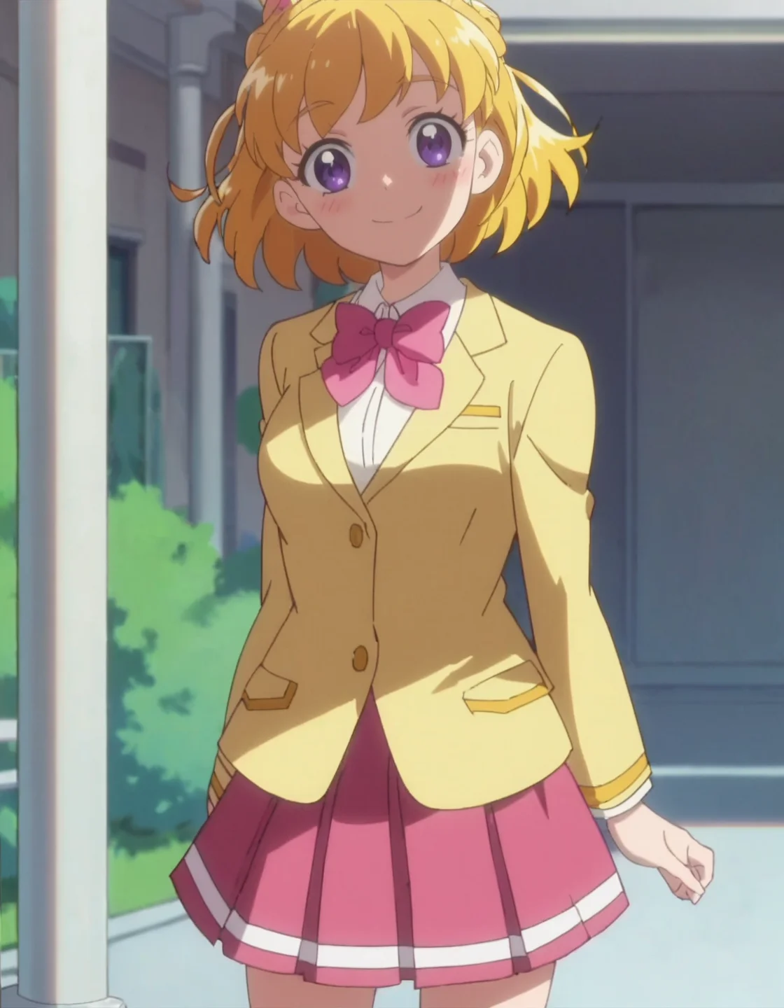 score_9, score_8_up, score_7_up, anime screencap, solo,1girl,asahinamirai, purple eyes,blonde hair,pink bow,school uniform, yellow blazer,  pink skirt,cowboy shot,smile,blush,looking at viewer,medium breasts<lora:asahinamirai:0.8>