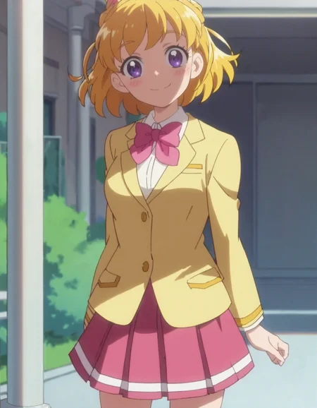 score_9, score_8_up, score_7_up, anime screencap, solo,1girl,asahinamirai, purple eyes,blonde hair,pink bow,school uniform, yellow blazer, pink skirt,cowboy shot,smile,blush,looking at viewer,medium breasts<lora:asahinamirai:0.8>