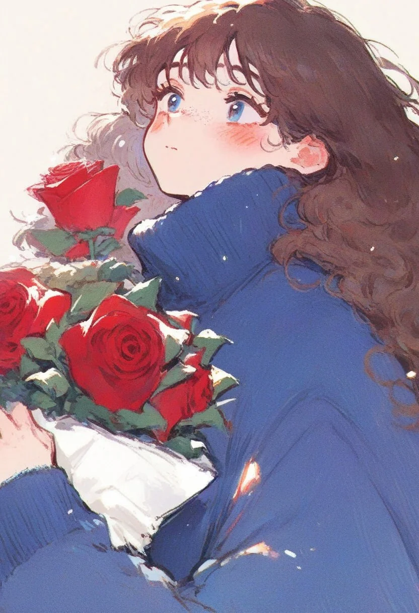 hu99y, score_9,score_8_up,score_7_up, 1girl, solo, close-up portrait, anime, freckles, blush, long hair, bangs, brown hair, blue sweater, holding a bouquet of roses