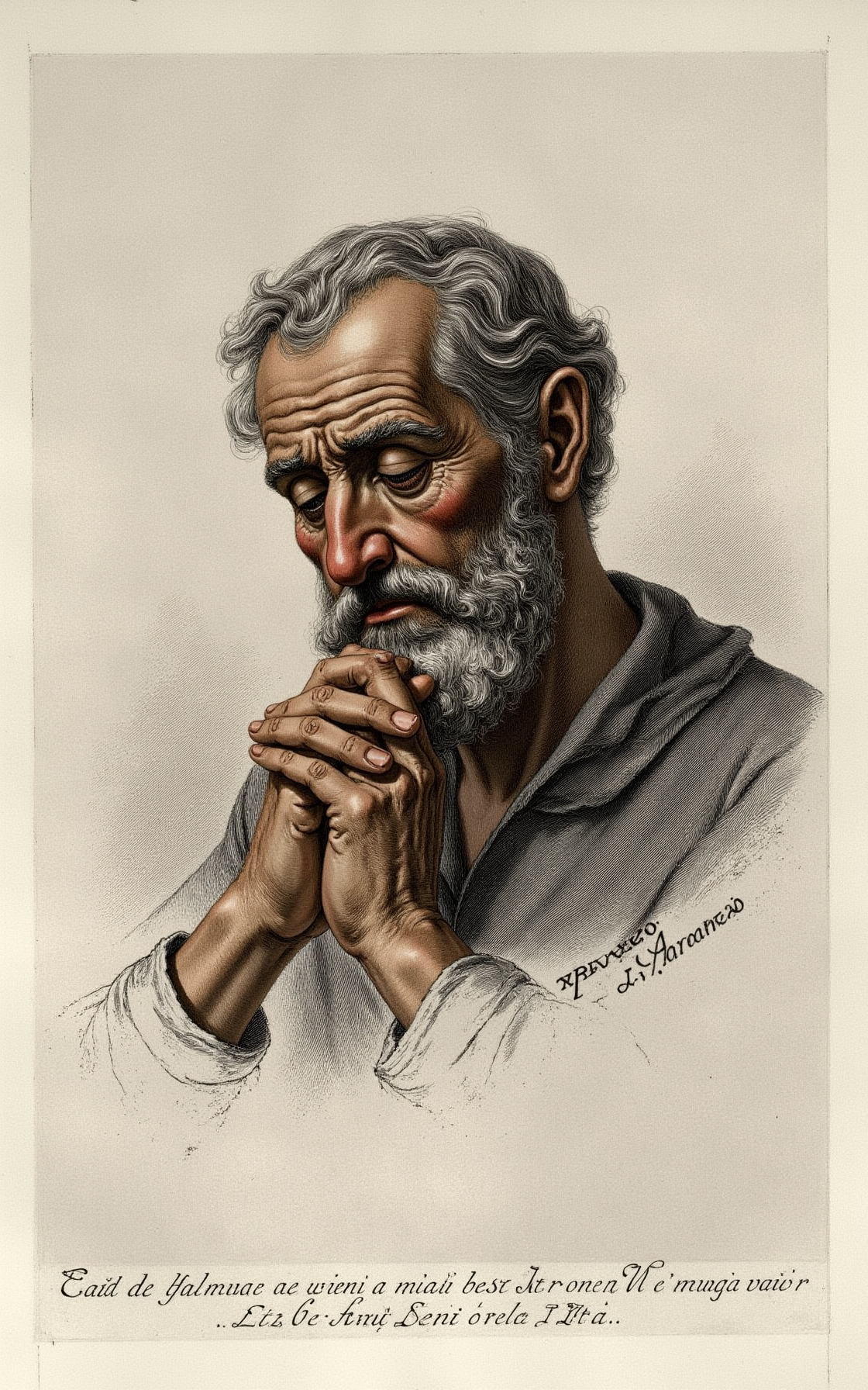 YFG-Pira, Generate a high-resolution image of a middle-aged man with a contemplative expression and worn features, rendered in the style of an 18th-century etching by Giovanni Battista Piranesi, with intricate lines, fine textures, and subtle tonal gradations capturing the soft focus and atmospheric depth characteristic of traditional copperplate engravings, depicting him from a slightly overhead angle looking down towards his hands clasped together in thought, set against a soft, creamy white background with hints of warm beige and faint scratches evoking aged paper.