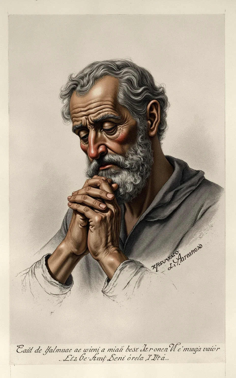 YFG-Pira, Generate a high-resolution image of a middle-aged man with a contemplative expression and worn features, rendered in the style of an 18th-century etching by Giovanni Battista Piranesi, with intricate lines, fine textures, and subtle tonal gradations capturing the soft focus and atmospheric depth characteristic of traditional copperplate engravings, depicting him from a slightly overhead angle looking down towards his hands clasped together in thought, set against a soft, creamy white background with hints of warm beige and faint scratches evoking aged paper.