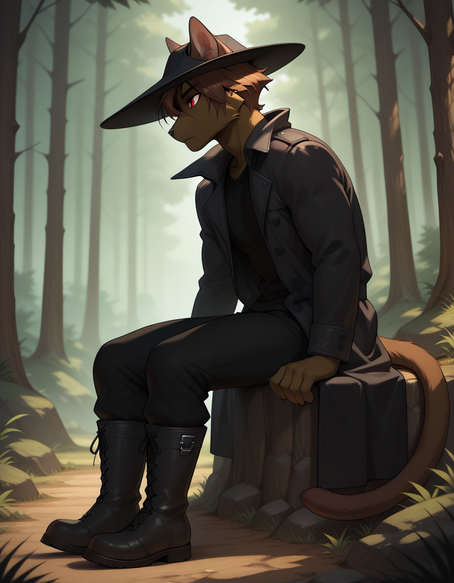 masterpiece, best quality, amazing quality, (carlos_gamerfox:1), ((male focus, 1boy, solo)), male, full body, anthro cat, cat ears, cat tail, from side, hat, red eyes, coat, shirt, boots, pants, ((sitting)), forest background, <lora:Illustrious\Carlos-Illustrious.safetensors:1.0:1.0>