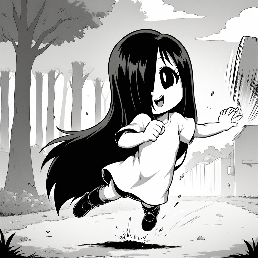 score_9, score_8, score_9, BREAK, solo, erma, long hair, hair over one eye, swinging, outdoors, cute, greyscale