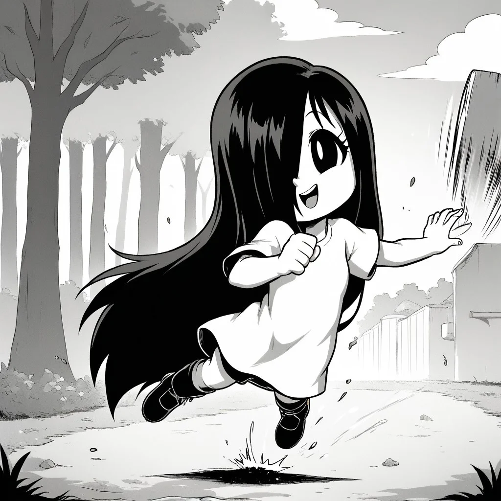 score_9, score_8, score_9, BREAK, solo, erma, long hair, hair over one eye, swinging, outdoors, cute, greyscale