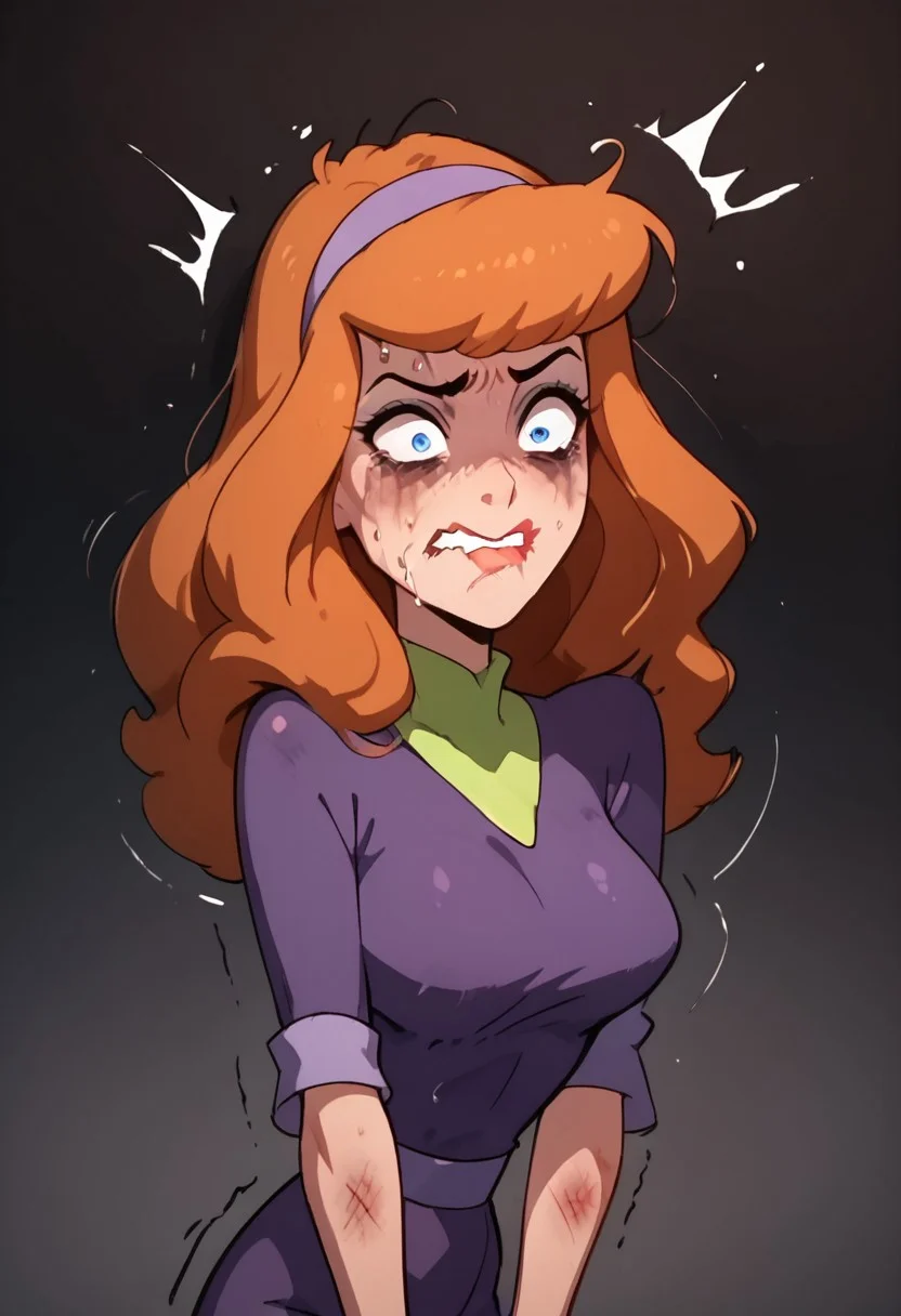 score_9, score_8_up, score_7_up, score_6_up, score_5_up,daphne, daphne blake,1girl, jungle,((((((offended))))))), ((((((extremely offended))))))), ,blue eyes, orange long hair, torn clothes,((purple dress)),((((((extremely loser)))))), (((((beaten))))),(((((shiner)))),(((((extremely beaten))))), (((a lot of wounds))), ((((((clenched teeth))))one eye higher than another, twisted mouth, messed hair, messy hair, destroyed face, destroyed body, awful skin face, long hair, makeup, lipstick, young, ((((skinny))))),(((busty petite)))) narrow waist, fragile, sexy, perfect body,dynamic pose, posing, ((((((shaggy hair)))))), (((((bags under eyes))))),tired, tired af, extremely tired, tired eyes, huge amount of tireness, absolutely tired, ((((wants to die)))), almost die, eternally tired, pain, feeling pain, feeling strong pain, powerless, extremely tired eyes, bags under eyes, shiners, stupid, dumb, extremely stupid, extremely dumb, no brain, (((eye twitching))), nervous eye twitching, extremely hard eye twitching, totally burnt hair, sexy, horny, scared, in love, extremely dirty dress, hardly beaten fifty times, confused, deeply humiliated face, depressed face