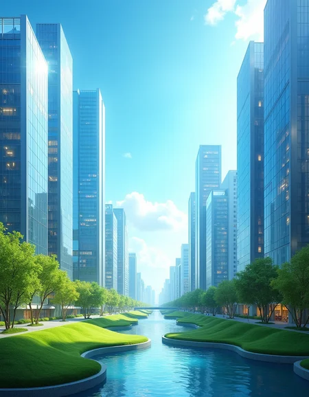 A vibrant Frutiger Aero cityscape, featuring sleek, futuristic skyscrapers with glass facades reflecting a bright blue sky. Lush green trees and grassy areas integrated into the urban design, with clean, smooth curves and a sense of eco-friendliness. A glowing, translucent interface overlay adds a tech-inspired touch, and the overall atmosphere is optimistic, modern, and colorful. Soft gradients, shiny surfaces, and a utopian aesthetic