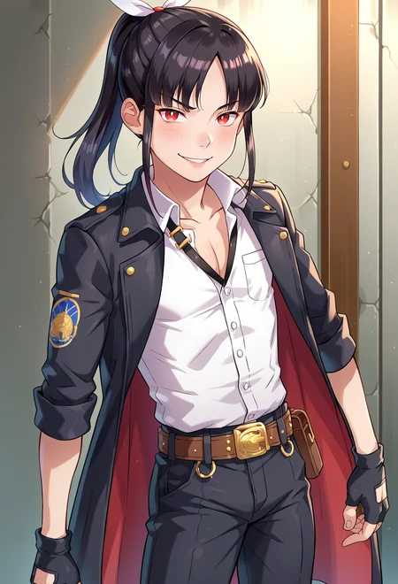 score_9, score_7_up, source_anime, solo, BREAK <lora:molokonomi_ForPonyV2:1> male focus,, smug smile, 1boy, red eyes, tsurime, black hair, parted bangs, hair intakes, ponytail, short hair with long locks, very long bangs, jacket on shoulders, black coat, dress shirt, sleeves rolled up, fingerless gloves, pants, belt, multiple belts, combat boots, shoulder holster, chest belt,