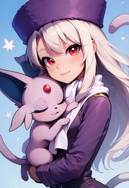 score_9, score_8_up, score_8, medium breasts, (curvy), cute, eyelashes, rating_safe,
BREAK,
zzIllya, red eyes, white hair,
papakha, purple headwear, white scarf,
BREAK,
girl holding Espeon, hug,
furry, female, Espeon, human and feral, girl and Espeon,
zPDXL,