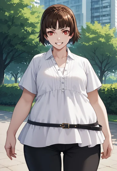 score_9, score_8_up, score_7_up, score_6_up, score_5_up, score_4_up, source_anime
1 girl, solo
p5makoto, niijima makoto, brown hair, blunt bangs, crown braid, red eyes,
p5makoto-sumcas, shirtdress, dress, white dress, open collar, black pants, capri pants, black belt, thin belt, loose belt,
outside, park, trees, greenery, standing, smile, teeth, looking at viewer,