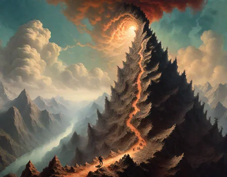 surrealistic, person climbing a Frac_XL mountain, in the style of Albert Bierstadt<lora:Frac_XL:1>