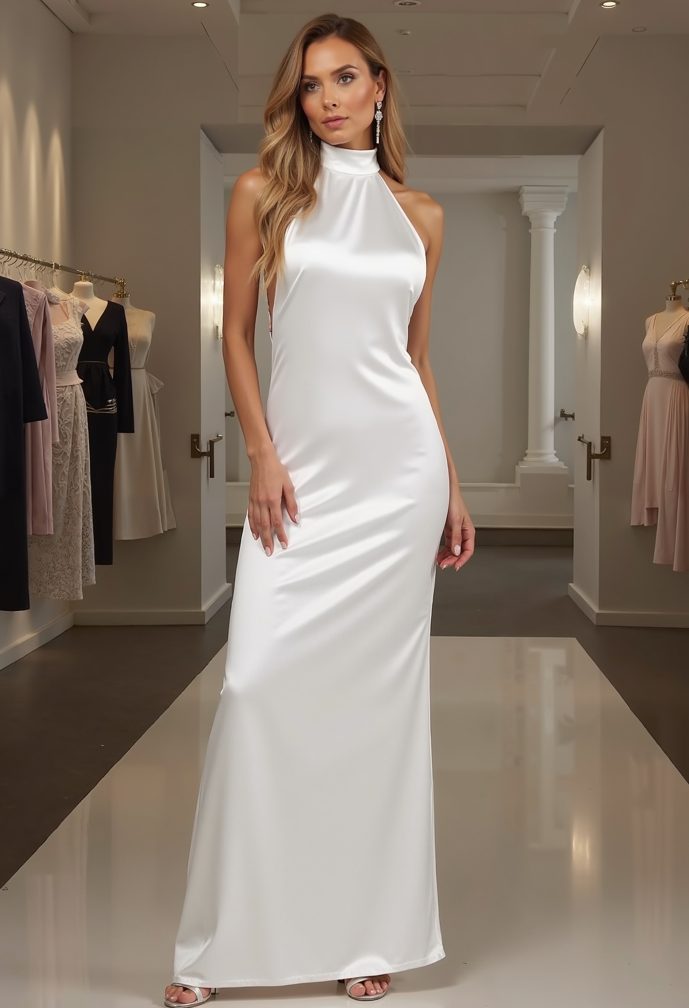 beautiful woman, long straight hair, clo016, wearing a sleek white satin gown with a high halterneck design, figure-hugging silhouette, silver high heels, posing in a clothing store