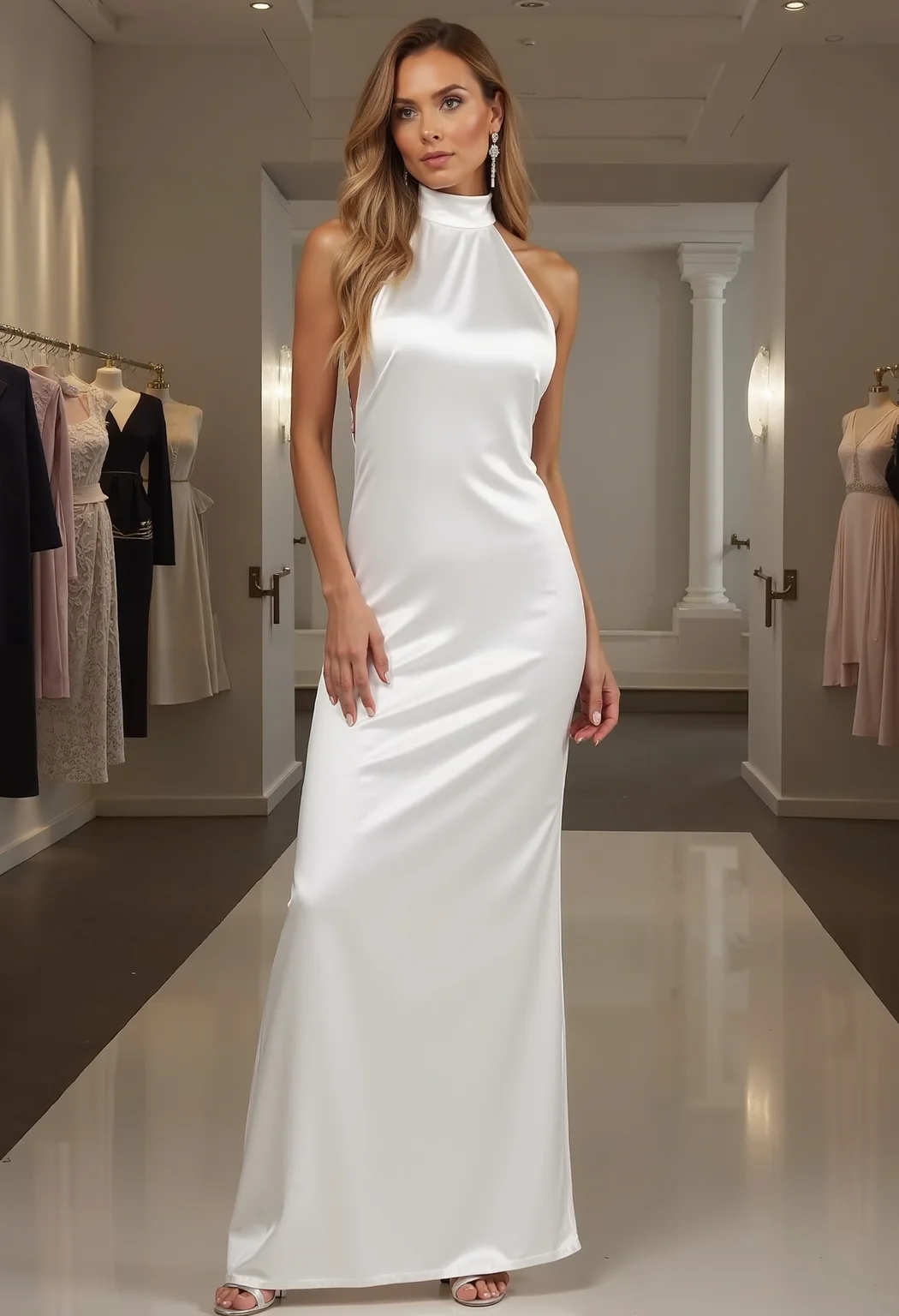 beautiful woman, long straight hair, clo016, wearing a sleek white satin gown with a high halterneck design, figure-hugging silhouette, silver high heels, posing in a clothing store