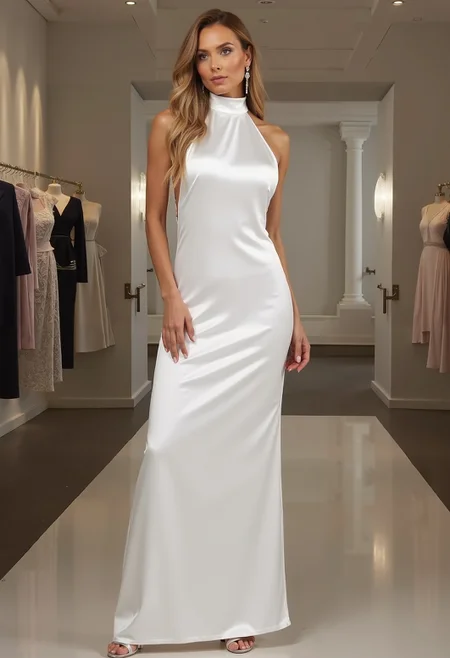beautiful woman, long straight hair, clo016, wearing a sleek white satin gown with a high halterneck design, figure-hugging silhouette, silver high heels, posing in a clothing store