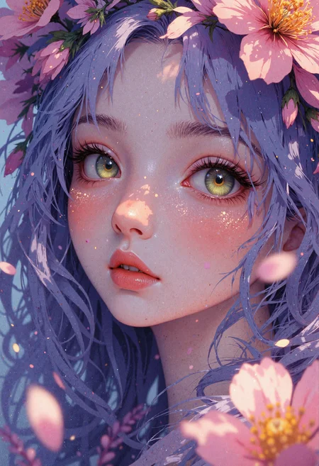 masterpiece, high-quality, pastel anime style, A close-up portrait of a gentle witch adorned with lavender and rose-gold flower crowns. Her wavy hair in soft periwinkle cascades around her shoulders, brushed by the glow of floating blossoms. Sparkling specks of pollen and subtle arcane symbols shimmer across her mint-green eyes, revealing the power of floral magic in a hyperdetailed, dreamy composition, <lora:FLUX\Anime v1.3:0.5> <lora:FLUX\EmberveilV3:0.8>