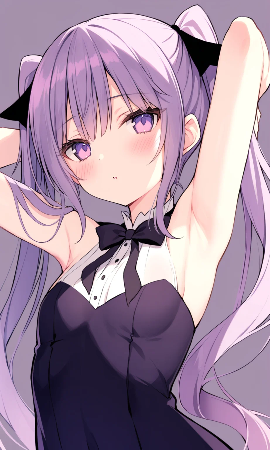 1girl, sensitive, solo, long hair, looking at viewer, blush, bow, twintails, purple eyes, purple hair, parted lips, armpits, arms up, black bow