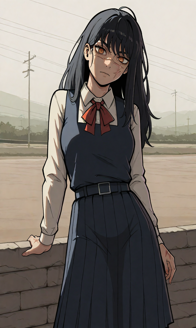 embedding:IllusP0s, GTASA-LS-ILV1.0, yoru_\(chainsaw_man\), ringed pupils, orange eyes, outdoors, cross scar, dress, 1girl, solo, fourht_east_high_school_uniform,<lora:GTA_SA_Style_-_IL-000014.safetensors:1.0:1.0>