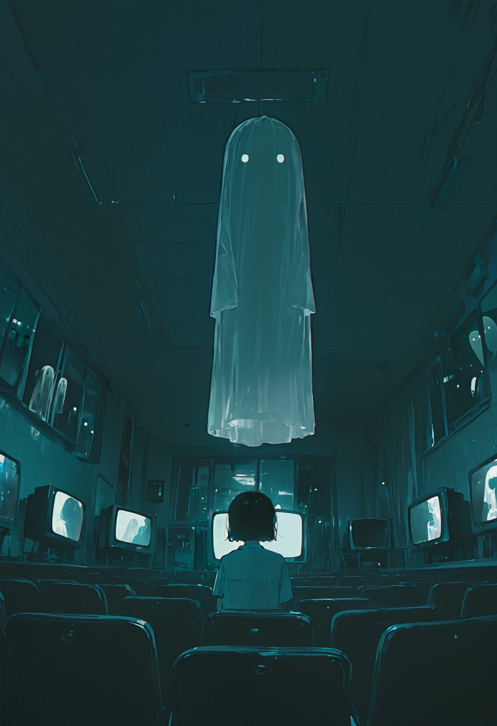 <lora:YW1hamlfZGVu-illustriousXL_v01_V1-CAME>, YW1h, ghost, horror \(theme\), indoors, short hair, sitting, chair, from behind, shirt, glowing, glowing eyes, black hair, television, monitor, blue theme, multiple girls, window, ceiling