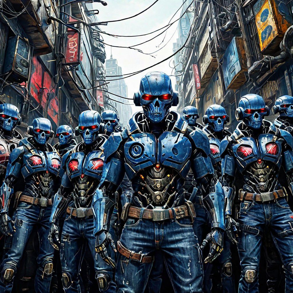 cyberpunk gigagachad dystopia featuring an army of cybernetically enhanced gigachads with bionic enhancements wearing blue jeans,masterpiecem,epic,cinematic film still