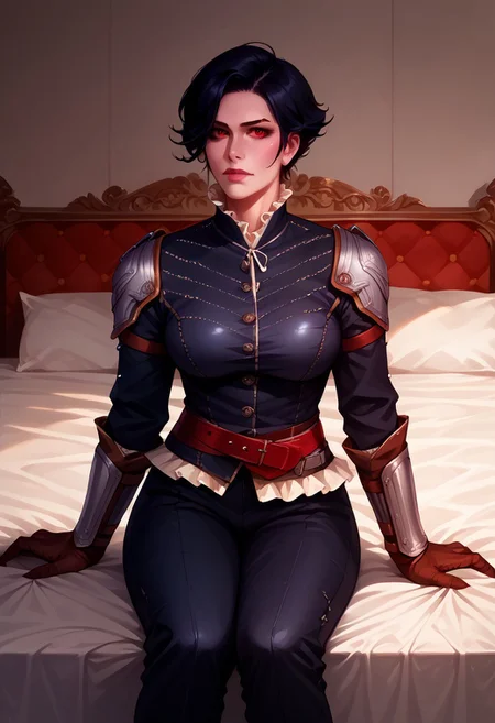 score_9, score_8_up, score_7_up, source_western, sylvia anna, syanna, sitted at palace couch, silver shoulder armor, silver gauntlet, black suit with golden buttons, massive large breasts, ((black short hair)), parted hair style, combed hair, (strong Jawline), closed mouth, pale wide lips, vampire, beautymark, multiple belts, gloves, bracer, sitting, looking at viewer, frills, red eyes. Comics art style, Castlevania art style, realistic.