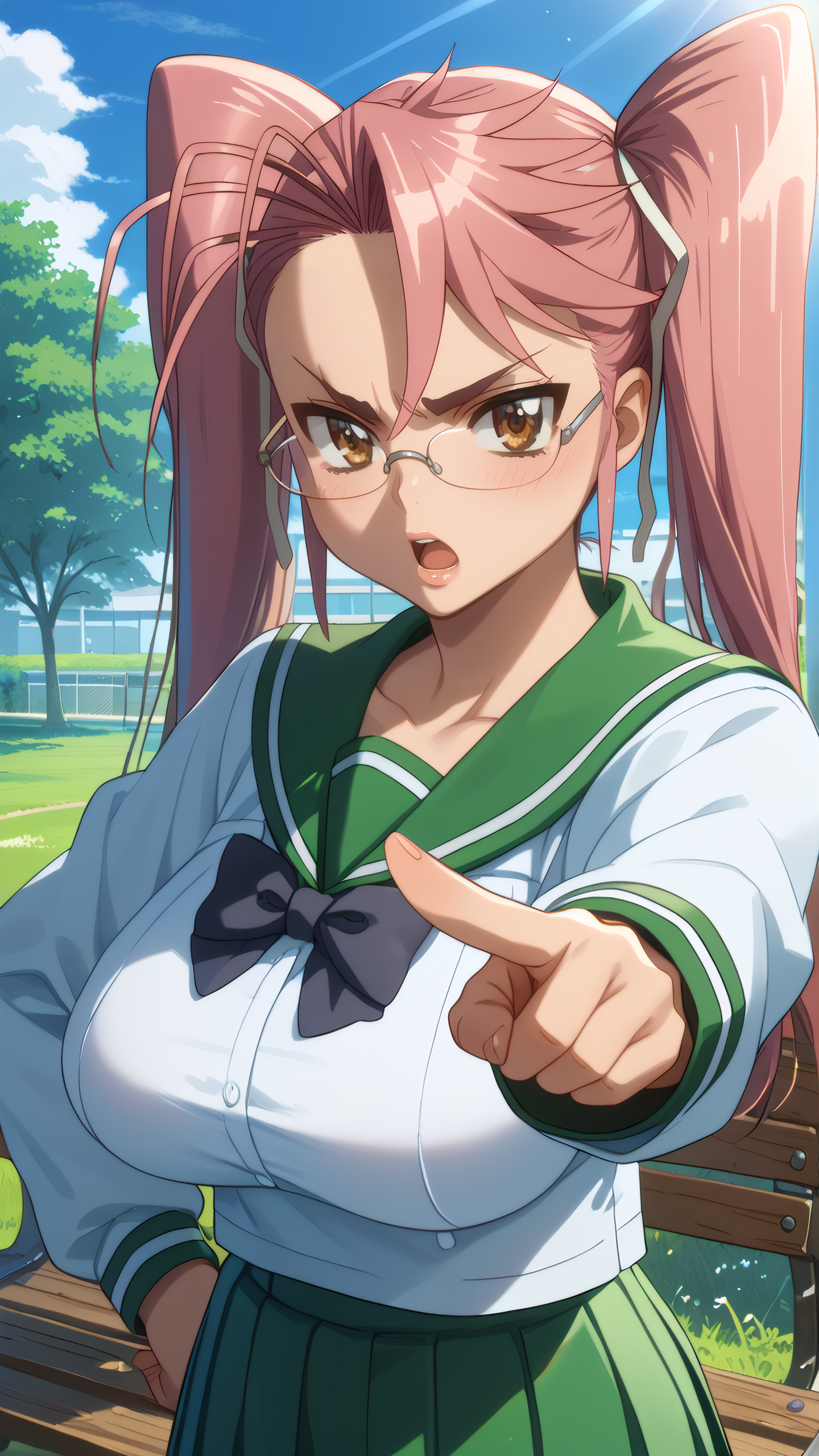 score_9, score_8_up, score_7_up, 1girl, solo, looking at viewer, anime coloring, upper body, close-up, portrait, mature female, 
<lora:Saya_Takagi_Dwnsty:0.8>, saya_takagi, pink hair, brown eyes, long hair, twintails, glasses, hair ribbon, school uniform, serafuku, green skirt, pleated skirt, black bowtie, long sleeves,
lips, large breasts, skindentation, annoyed, blush, pointing, pointing at viewer, open mouth, embarrassed, hand on own hip, 
sunlight, outdoors, blue sky, school yard, grass, bench, 
 <lora:Hotd_Artstyle_Dwnsty:0.7>