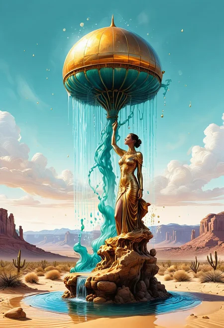 splash art, digital painting, illustration  focus, ultra HD photography of a shower in a desert, intricate details, natural lighting, volumetric lighting maximalist. with a white background and trending clean minimalist backdrop. hour glass figure, Olivia De Berardinis style, organs and rich ecosystem visible, hyper realistic liquids ryan meinerding,  in the style of teal and gold.  appears to be composed of translucent energy, a tower in a desert, landscape by person
<lora:InkArtXL_1.2:0.4> <lora:FaeTastic:0.35> .  incredibly lifelike, high contrast, well defined .