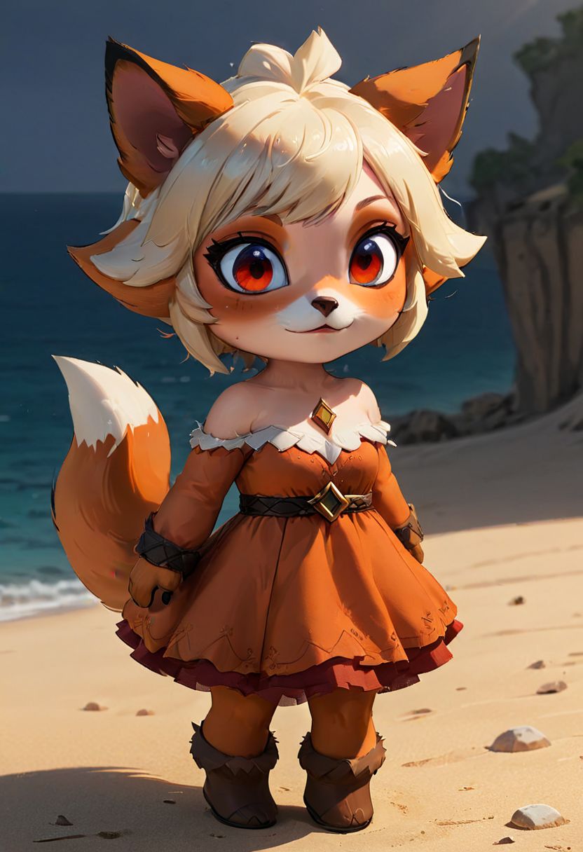 furry fox girl, ((brown fox)), (chibi), 
bad fox, with red big eyes,  beach,
(orange) dress, portrait, long blonde hair,
Hyperrealistic art high-quality portrait flat matte drawing of a cute Nendoroid and cartoon style, anime flat style, thick drawing, medium close-up", (solo:1.2), photorealistic:1.5, 8k, texture skin, realistic skin, detailed skin, highest detailed, extreme detailed, 8k wallpaper, colorful, (dark magic), ring with the stone, (intricate details), (hyperdetailed), 8k hdr, high detailed, lot of details, high quality, soft cinematic light, atmospheric perspective (focus on), color Ink wash painting, Extremely high-resolution details, photographic, realism pushed to extreme, fine texture, incredibly lifelike,