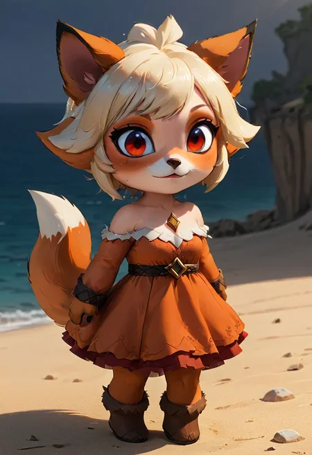 furry fox girl, ((brown fox)), (chibi), 
bad fox, with red big eyes,  beach,
(orange) dress, portrait, long blonde hair,
Hyperrealistic art high-quality portrait flat matte drawing of a cute Nendoroid and cartoon style, anime flat style, thick drawing, medium close-up", (solo:1.2), photorealistic:1.5, 8k, texture skin, realistic skin, detailed skin, highest detailed, extreme detailed, 8k wallpaper, colorful, (dark magic), ring with the stone, (intricate details), (hyperdetailed), 8k hdr, high detailed, lot of details, high quality, soft cinematic light, atmospheric perspective (focus on), color Ink wash painting, Extremely high-resolution details, photographic, realism pushed to extreme, fine texture, incredibly lifelike,