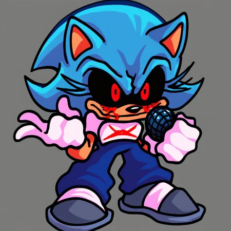 1girl, solo, score_9, score_8_up, score_7_up, score_6_up, volumetric lighting, NEGATIVE_HANDS, fnf, LordX_EXE, red eyes, gloves, 1boy, animal ears, blue hair, shoes, socks, white gloves, blood, spiked hair, furry, blood on face, furry male, body fur, animal nose, blood from eyes, sonic the hedgehog, black sclera, colored sclera, dark features, grey shoes, ((hold microphone)), grey background, ((full body)), white long socks, white shoes, ((solo))