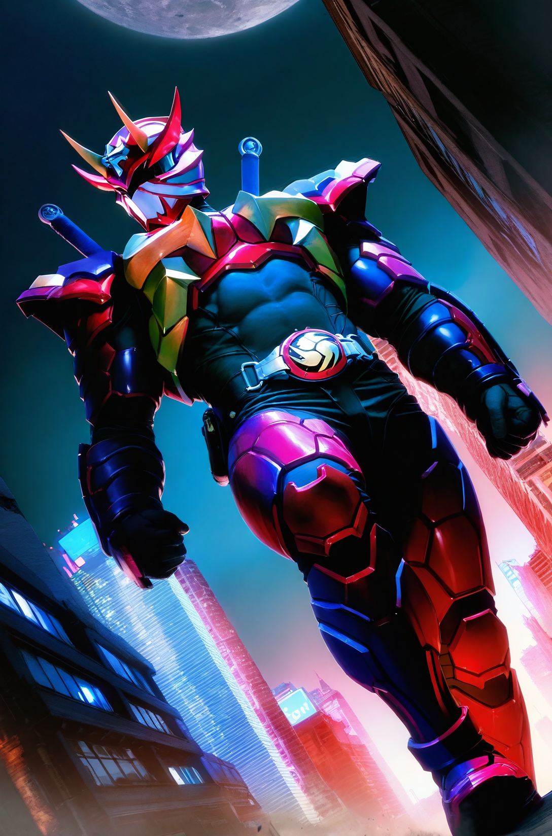 realistic shading,looking at viewer,<lora:Hibiki:0.7>,1boy,armor,helmet,male focus,solo,Hibiki,manly,dynamic angle,realistic,manly,masterpiece,best quality,imposing,dynamic angle,intricately detailed illustration,masterpiece,best quality,amazing quality,very aesthetic,absurdres,newest,full body,city,night,outdoors,, score _9,score_8_up, score_7_up,source_anime,rating_explicit,
