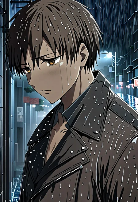 high resolution, solo, best quality, 1Boy, Takaki Toono, Brownish Hair, Brown Eyes, heavy rain, night, looking down, sad, leather jacket, looking away, wet, wet hair, OverallDetail