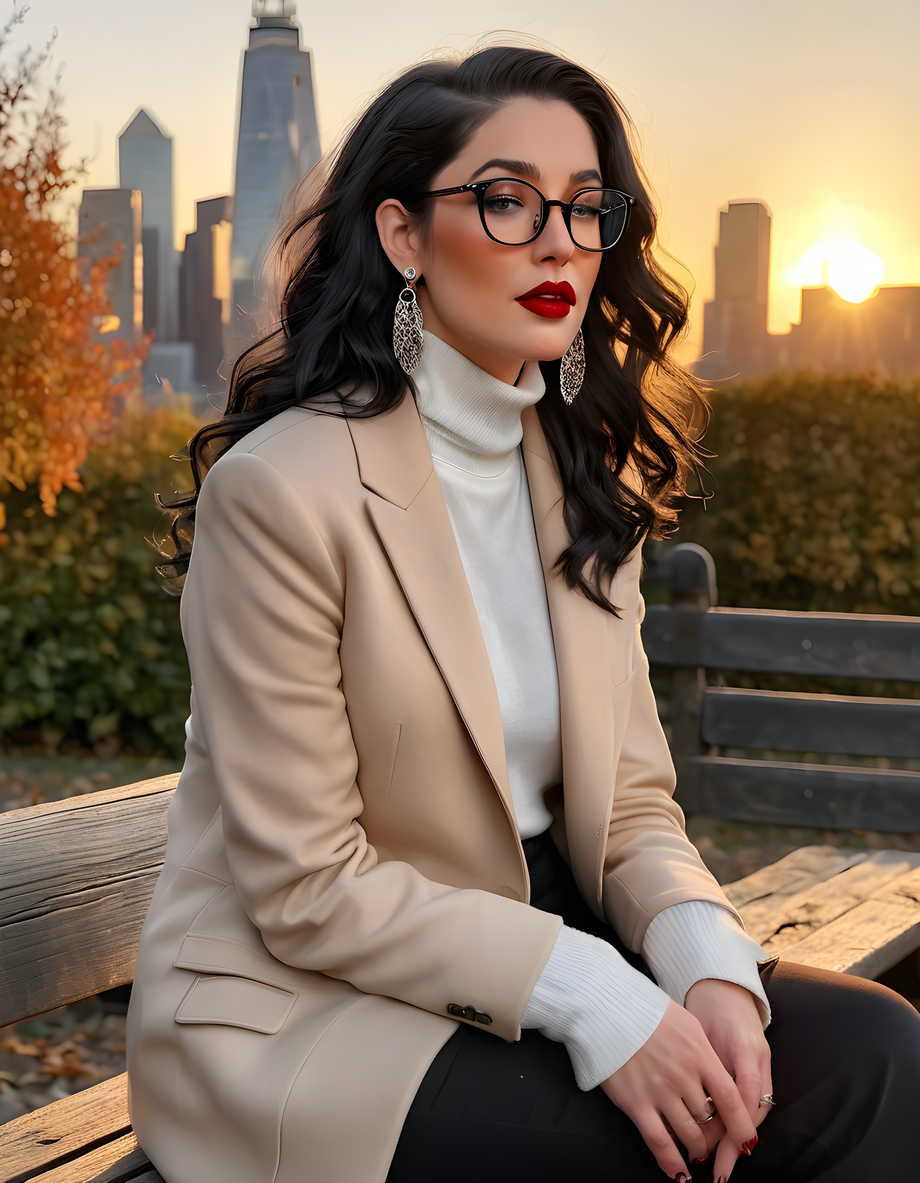In a bustling urban park under the soft golden glow of the setting sun, EMM4S, a woman with raven-black hair styled in loose waves and accessorized with silver earrings and glasses, wears a chic black turtleneck and red lipstick that pops against her pale skin. She is seated on a weathered wooden bench, leaning forward slightly as she gazes intently at the viewer with a thoughtful expression, the city skyline towering in the distance behind her, the last rays of sunlight casting a warm, ethereal glow upon her and the scene.