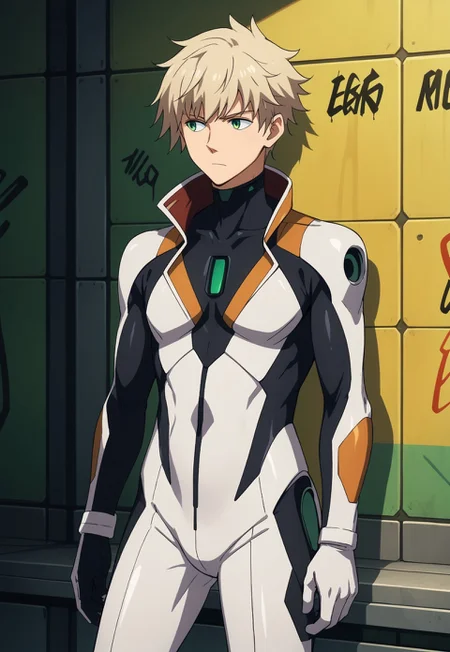 score_9, score_8_up, score_7_up, source_anime, cowboy shot, BREAK, ( green eyes, light blond hair, best eyes, male, anime, pilot suit, looking to the side, neutral expression, full body, ) 1boy, male focus, solo, BREAK, mess hall, ship, graffiti,