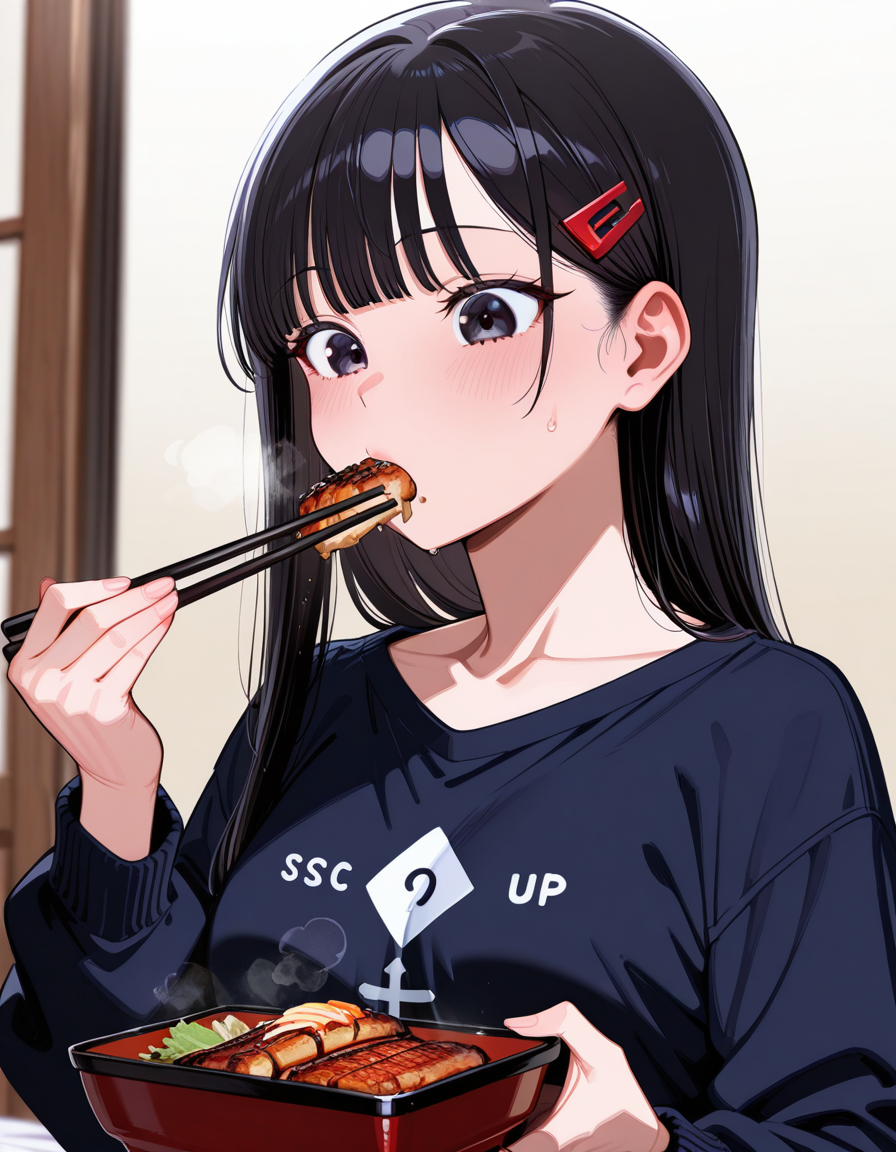 score_9, score_8_up, score_7_up, anime, solo, 1girl, one girl,
Black hair, (chest length hair:1.2), Straight Hair, bangs, one tucked behind ear, black eyes, feature large highlight, feature double highlights, shaped eyeblow,
sensitive,
<lora:donburimono:0.8>, donburimono, chopsticks, unadon, unagi, eating unadon, unajuu,
(masterpiece:1.3), best quality, high resolution, unity 8k wallpaper, (illustration:1.2), 8K,