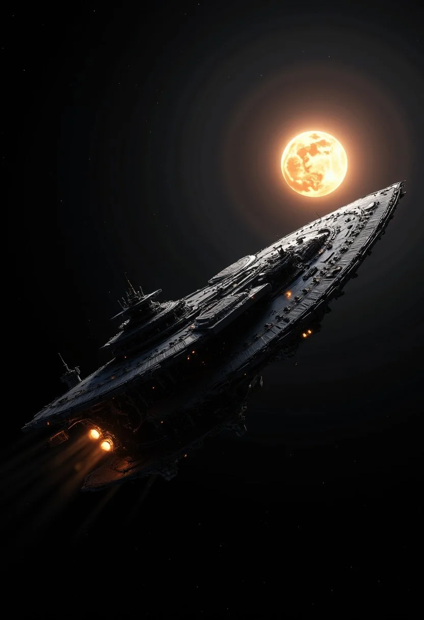 dark background, best quality, masterpiece, large capital spaceship viewed from the side, a supermassive dull sun in the background, cinematic, dynamic photorealistic image, High Definition HD, High Detail, Perfect Composition