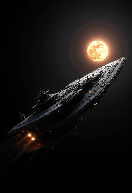 dark background, best quality, masterpiece, large capital spaceship viewed from the side, a supermassive dull sun in the background, cinematic, dynamic photorealistic image, High Definition HD, High Detail, Perfect Composition
