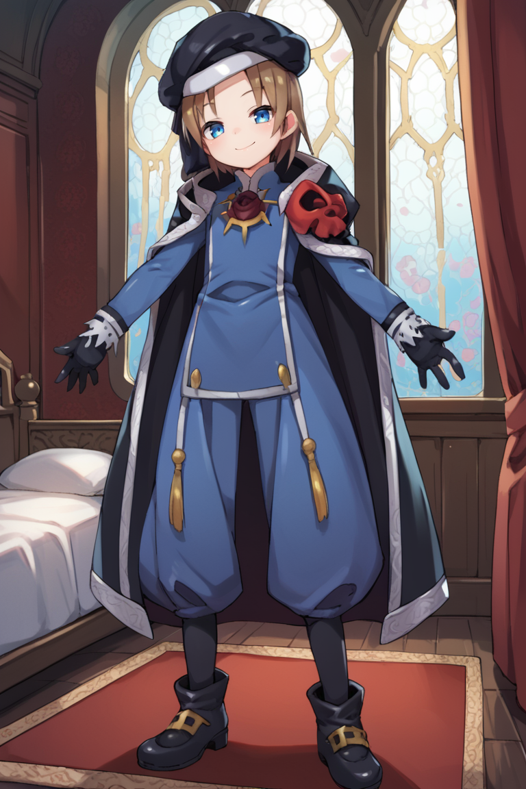 (score_9, score_8_up, score_7_up, score_6_up), source anime, BREAK, <lora:Roswell_Branthese:0.65> , RoswDef, 1boy, brown hair, blue eyes, black beret, black cloak, blue uniform, black gloves, black footwear,  rose, closed mouth, smile, interior, bedroom, cowboy shot, from behind, looking at viewer, seductive, solo, <lora:zy_Detailed_Backgrounds_v1:0.5> , detailed background, highly detailed,   <lora:HerrscherAGGA2024_CuteToon_Minus_PonyXL:0.7>