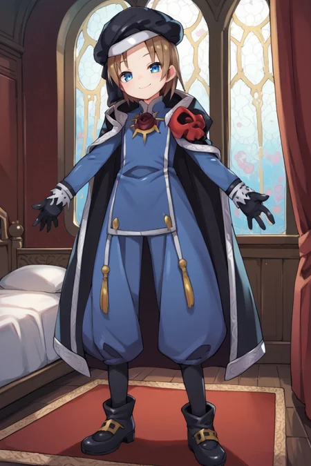 (score_9, score_8_up, score_7_up, score_6_up), source anime, BREAK, <lora:Roswell_Branthese:0.65> , RoswDef, 1boy, brown hair, blue eyes, black beret, black cloak, blue uniform, black gloves, black footwear,  rose, closed mouth, smile, interior, bedroom, cowboy shot, from behind, looking at viewer, seductive, solo, <lora:zy_Detailed_Backgrounds_v1:0.5> , detailed background, highly detailed,   <lora:HerrscherAGGA2024_CuteToon_Minus_PonyXL:0.7>