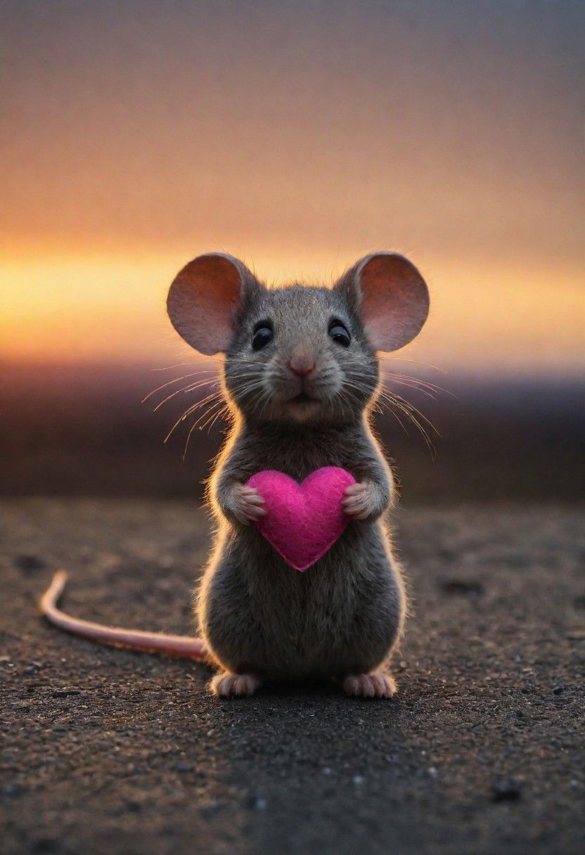 a small, simple, cuddly felt mouse holding a felt heart in its tiny hands, gazing directly into the camera with a joyful smile. The scene is so sweet that it melts even the toughest hearts. Describe the loving atmosphere created by the combination of felt, smiles, and hearts diring a beautiful sunrise