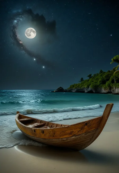 score_9, score_8_up, score_7_up, masterpiece, fantasy. realistic. photo. Dreamland, Jamaica, beaches, night. moon. stars. Waves, ethereal landscapes, depth of field, beach, boat. small wooden boat. Wooden boat broken in half. half on the beach. the other is floating in the water.
perfection style, midjourneyv6.1, vivid color, vivid background, Galaxy, ral-wlfnte,