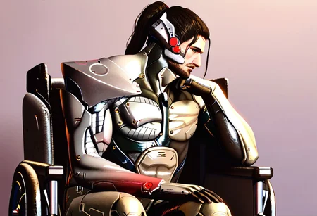 score_9, score_8_up, score_7_up, score_6_up, score_5_up, score_4_up, best quality, 1girl, 1boy, anatomically correct, detailed background, complex shadows, highly detailed hands, highly detailed legs, intricate details, perfect body, highly detailed body, high detail, detailed eyes, perfect hands, detailed face, beautiful face, JetstreamSam, cyborg, bodysuit, headgear, beard, depressed, wheelchair, sitting, living room, sword in hand