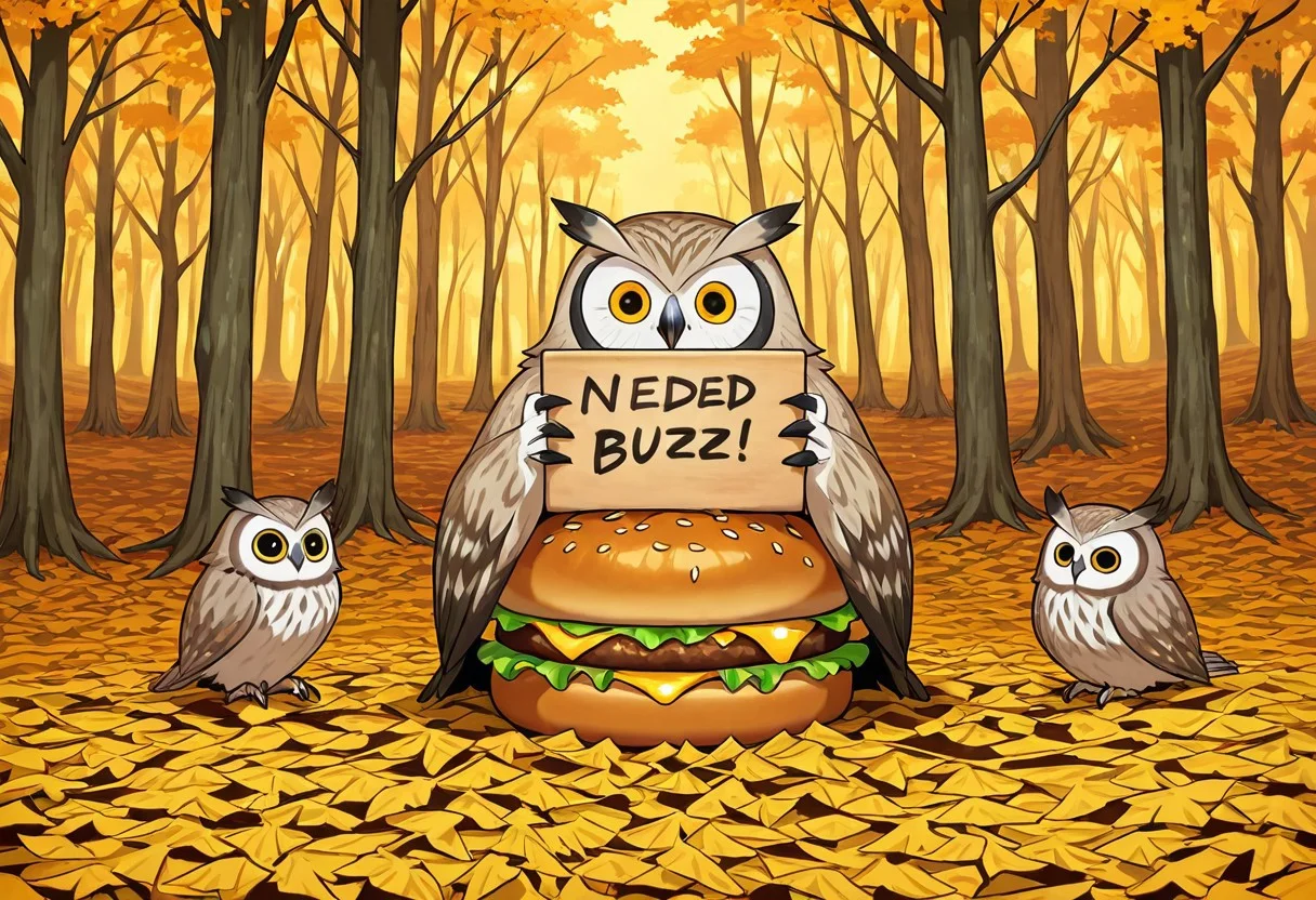 need_buzz, holding sign, ((sign with message "NEED BUZZ")) good quality, clear image, owl, small owl, owl owl, owl sitting on a big tasty burger made of metal. In the background is a dense autumn forest, metal trees, many metal trees, made entirely of metal.