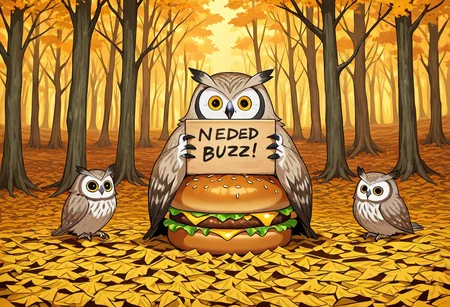 need_buzz, holding sign, ((sign with message "NEED BUZZ")) good quality, clear image, owl, small owl, owl owl, owl sitting on a big tasty burger made of metal. In the background is a dense autumn forest, metal trees, many metal trees, made entirely of metal.